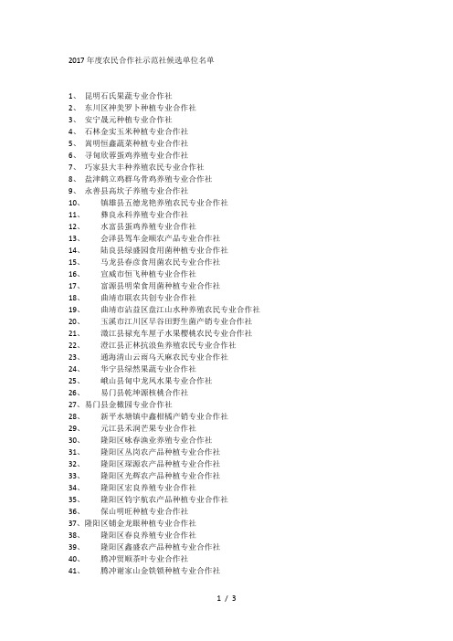 年度农民合作社示范社候选单位名单