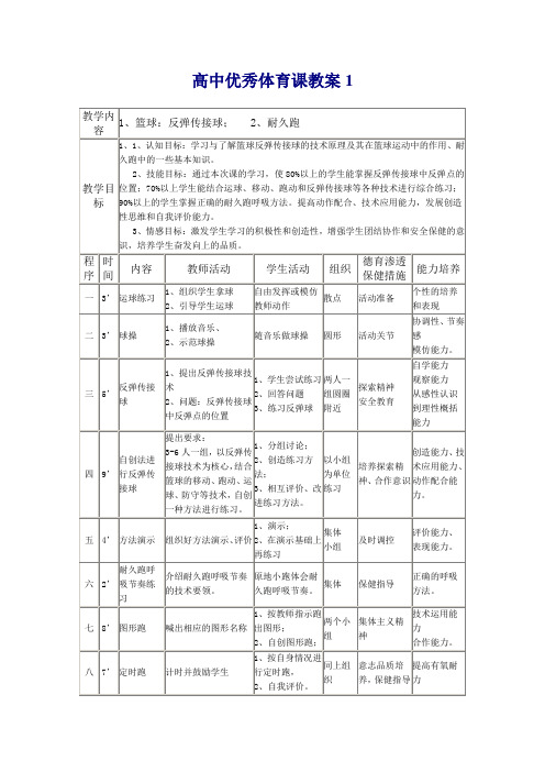 高中优秀体育课教案 篮球：反弹传接球、耐久跑、运球、双手胸前传接球