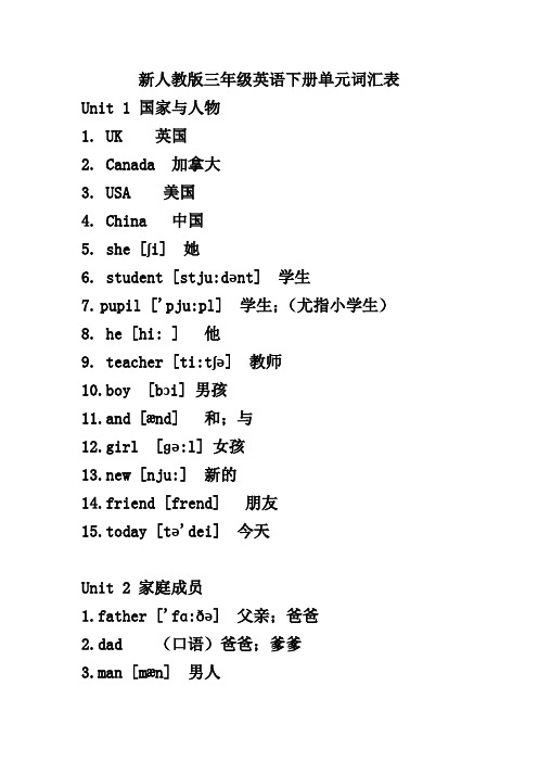 新人教版三年级英语下册单元词汇表