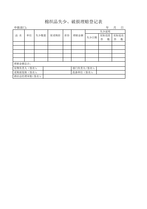 酒店各类表格模板