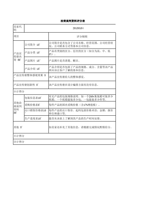 洽商谈判资料评分表