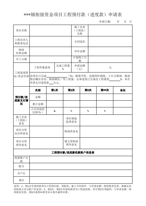 镇衔接资金项目工程预付款(进度款)申请表