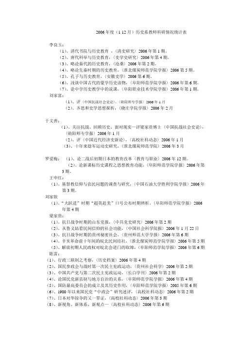 2006年度(1-12月)历史系教师科研情况统计表