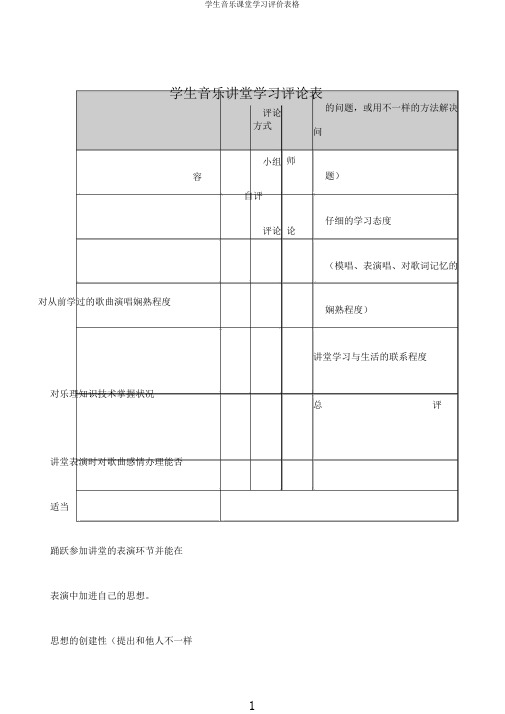 学生音乐课堂学习评价表格