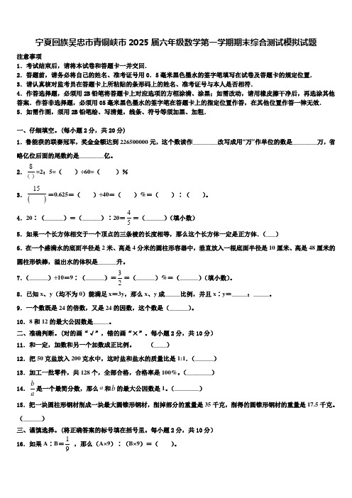 宁夏回族吴忠市青铜峡市2025届六年级数学第一学期期末综合测试模拟试题含解析