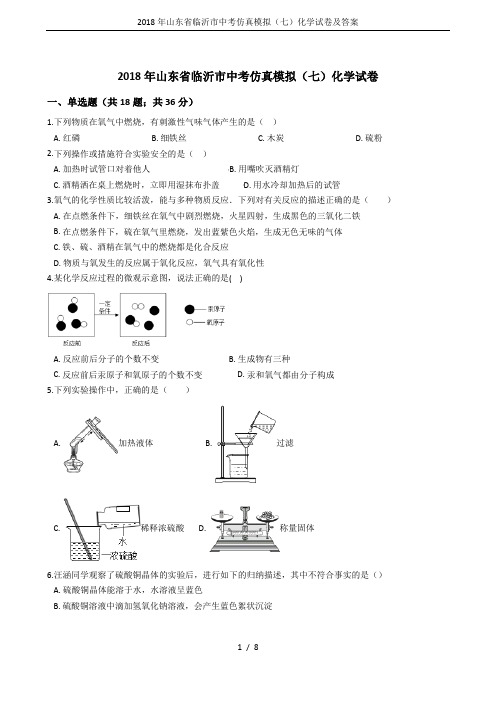 2018年山东省临沂市中考仿真模拟(七)化学试卷及答案