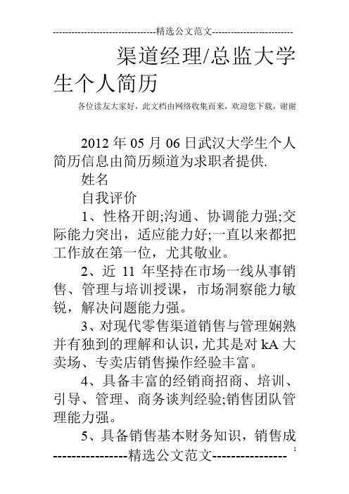 渠道经理-总监大学生个人简历