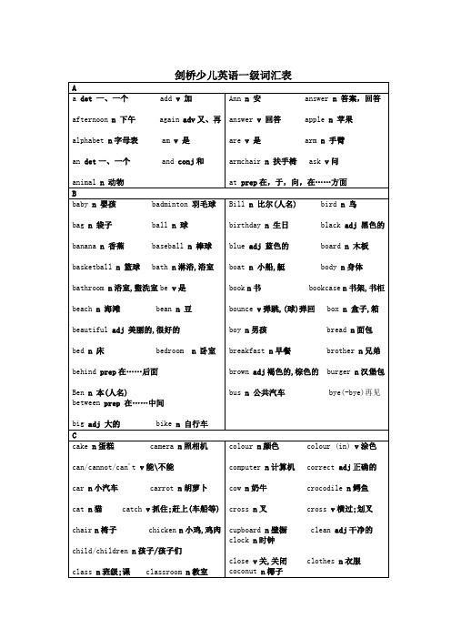 剑桥少儿英语一级词汇表