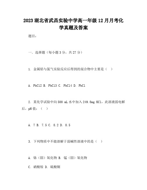 2023湖北省武昌实验中学高一年级12月月考化学答案