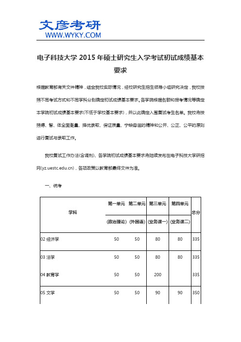 电子科技大学2015年硕士研究生入学考试初试成绩基本要求_文彦考研