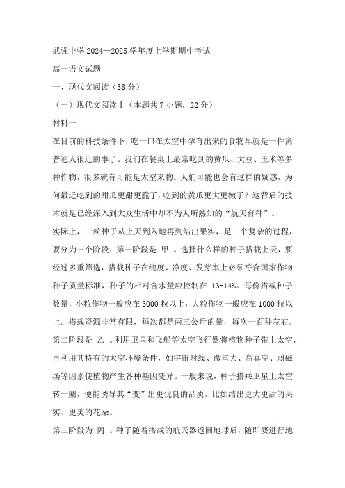 河北省衡水市武强中学2024-2025学年高一上学期期中考试语文试题(含答案)