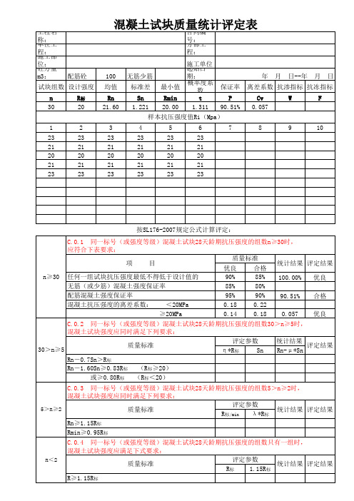 水工混凝土试块统计评定表