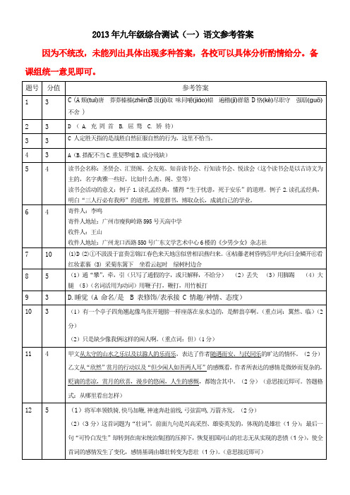 2013年九年级综合测试语文参考答案(一)全