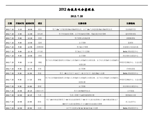 2012年伦敦奥运会完整赛程表