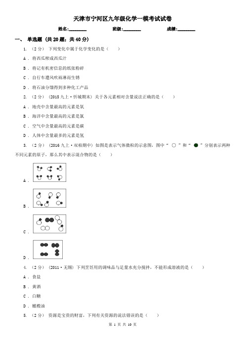 天津市宁河区九年级化学一模考试试卷