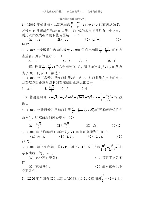 2006高考数学分类汇编08--第八章圆锥曲线的方程