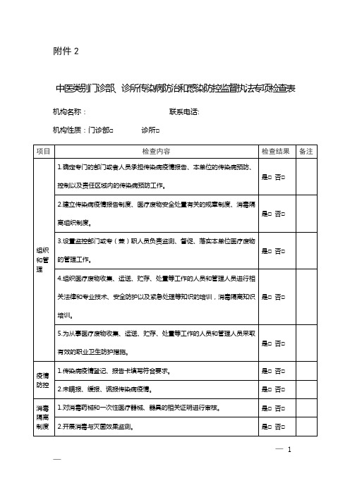 中医类别门诊部、诊所传染病防治和感染防控监督执法专项检查表