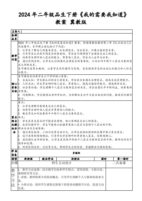 2024年二年级品生下册《我的需要我知道》教案冀教版