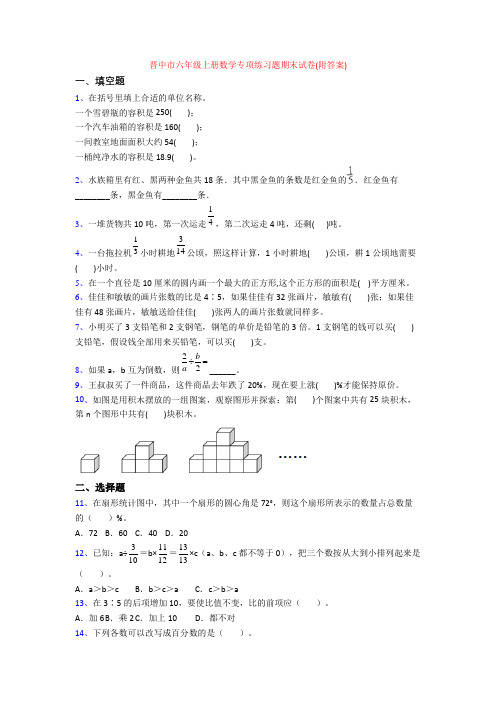 晋中市六年级上册数学专项练习题期末试卷(附答案)