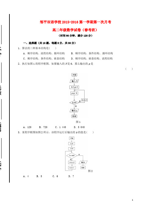 山东省滨州市邹平双语学校高二数学上学期第一次月考试题(考班)(一、二区)