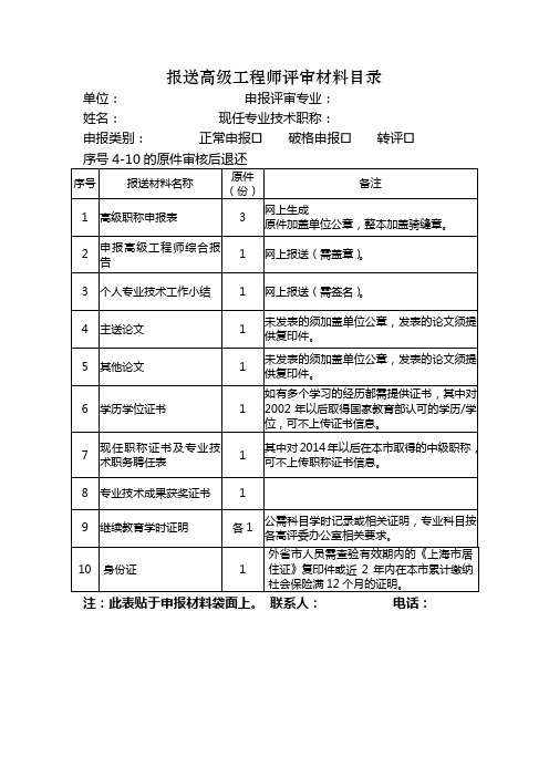 报送高级工程师评审材料目录