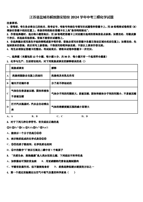 江苏省盐城市解放路实验校2024届中考三模化学试题含解析