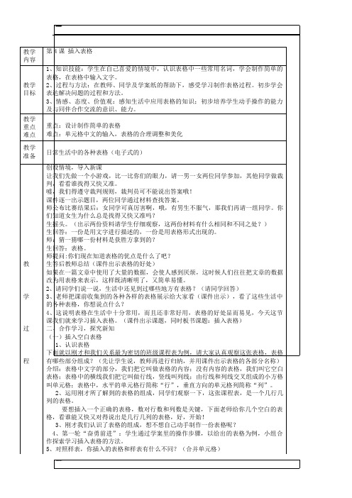 四年级上信息技术教学设计-插入表格_人教新课标