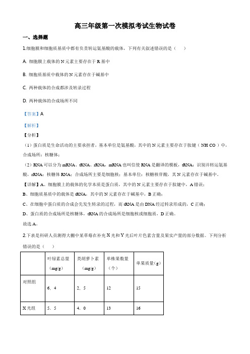 高三一模理综生物试题(解析版)