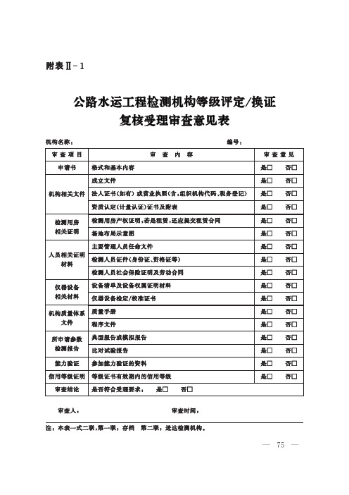 《公路水运工程试验检测机构等级评定及换证复核工作程序》附表Ⅱ：质监机构工作用表