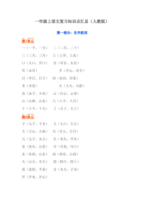 一年级语文上册复习知识点汇总(人教版)