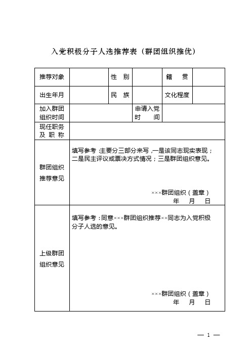 入党积极分子人选推荐表(群团组织推优)