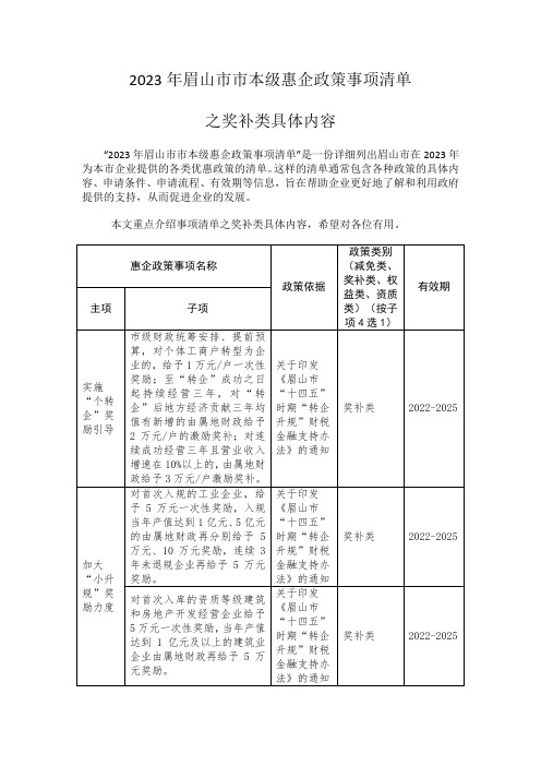 2023年眉山市市本级惠企政策事项清单之奖补篇