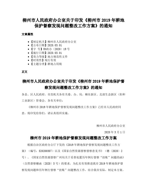 柳州市人民政府办公室关于印发《柳州市2019年耕地保护督察发现问题整改工作方案》的通知