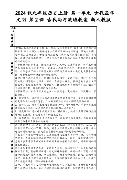 2024秋九年级历史上册第一单元古代亚非文明第2课古代两河流域教案新人教版