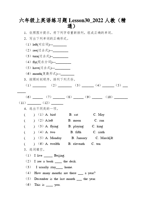 六年级上英语练习题Lesson30_2022人教(精通)