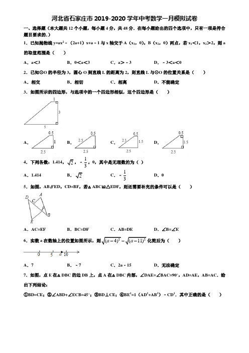 河北省石家庄市2019-2020学年中考数学一月模拟试卷含解析