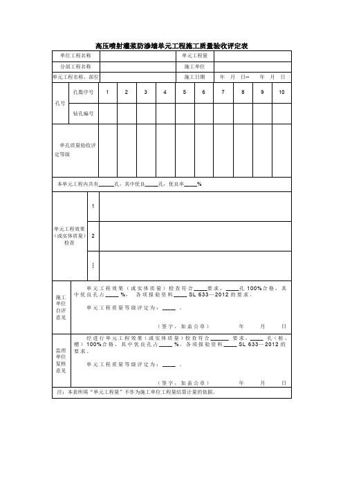 高压喷射灌浆防渗墙单元工程施工质量验收评定表