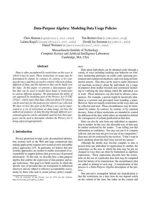 Data-Purpose Algebra Modeling Data Usage Policies