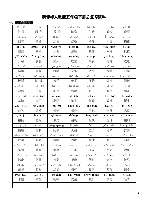 人教版五年级语文下册总复习资料(答案)