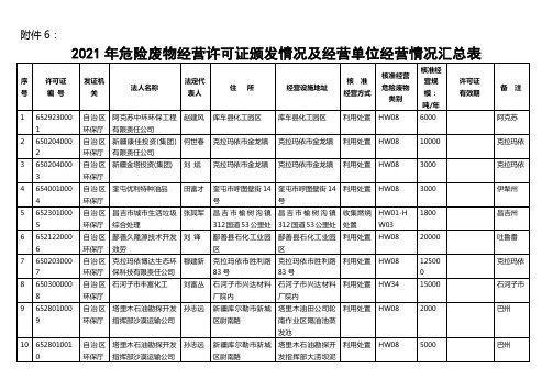 6、XXXX年危险废物经营单位情况汇总表-XXXX年危险