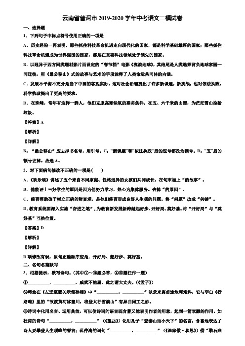 云南省普洱市2019-2020学年中考语文二模试卷含解析