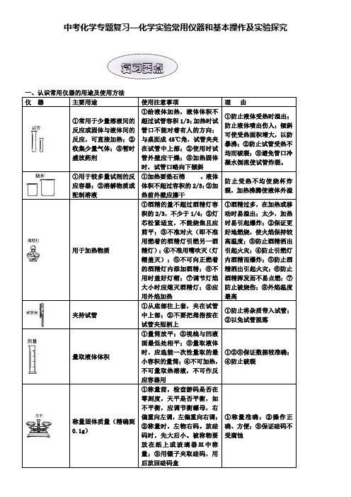 九年级化学专题复习：化学实验常用仪器和基本操作及实验探究