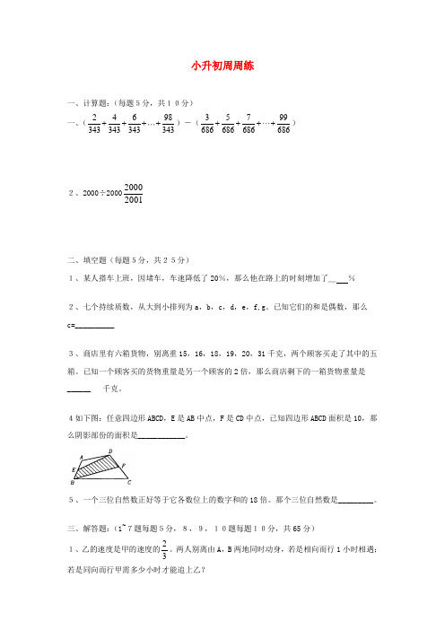 六年级数学下册小升初周周练2无答案人教新课标版