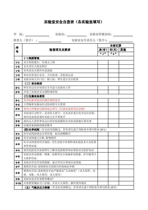 实验室安全自查表各实验室填写