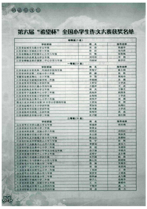 第六届“希望杯”全国小学生作文大赛获奖名单