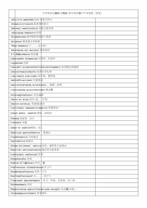 中考英语必背1600词短语汇总A-F-双语版(答案)