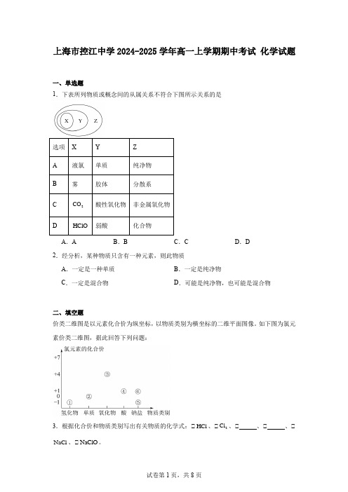 上海市控江中学2024-2025学年高一上学期期中考试化学试题