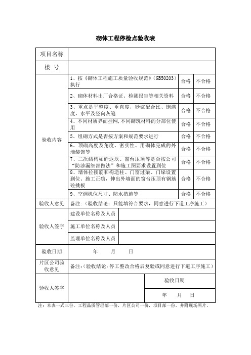 砌体工程停检点验收表