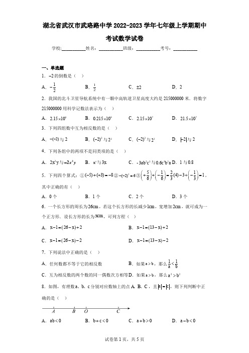 湖北省武汉市武珞路中学2022-2023学年七年级上学期期中考试数学试卷