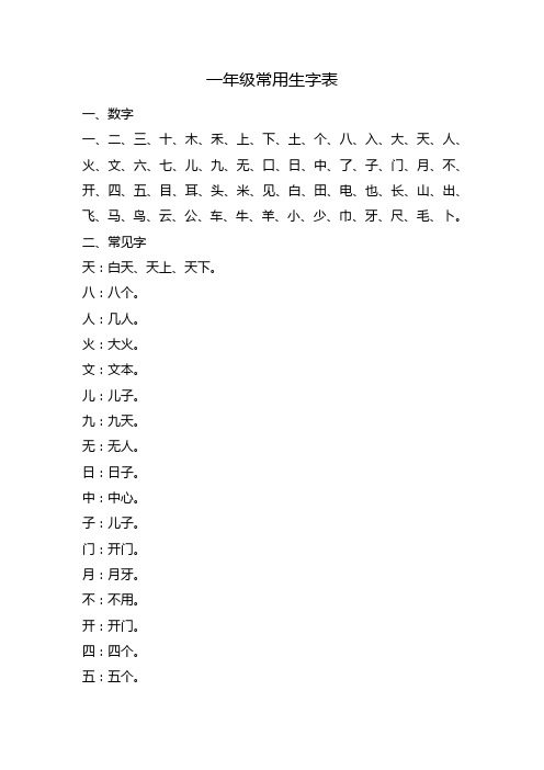 一年级常用生字表